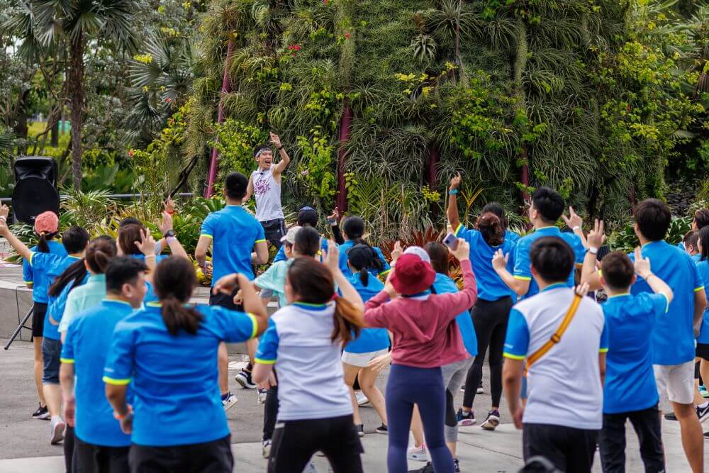 Outdoor group workout during team building event