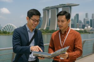 Event planner and client reviewing venue brochure
