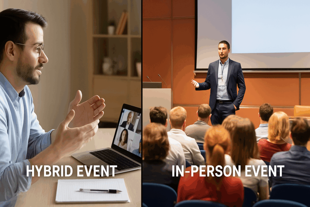 Split-screen comparison of hybrid and in-person business events